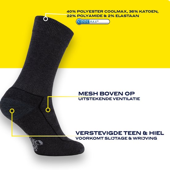 Donkergrijze wandelsok met Coolmax-materiaal, mesh voor ventilatie en verstevigde teen en hiel.