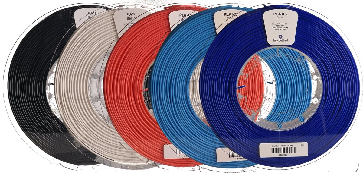 Kexcelled PLA Combideal 5 x 500g = 2,5kg (Zwart, Wit, Roze, Meerblauw + Blauw) 3D Printer filament
