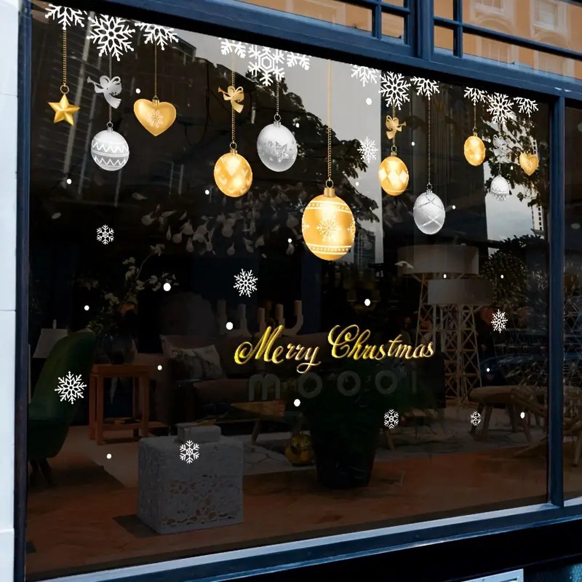 Raamstickers kerst | Gouden en zilveren kerstballen - Kerstversiering - Raamdecoratie feestdagen goud en zilver Merry Christmas