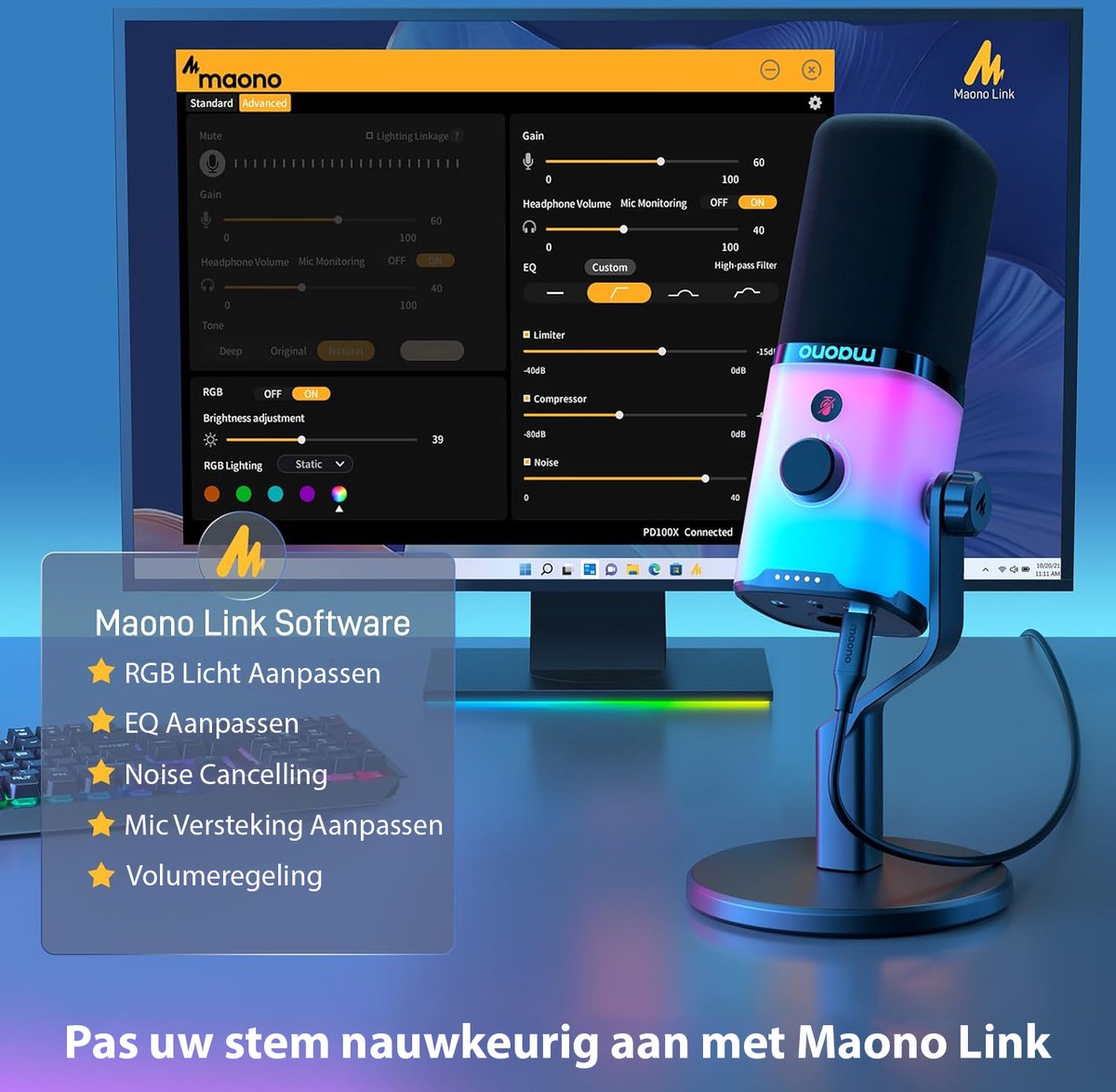 MAONO XLR/USB Micro Gaming: Dynamische PC Microfoon met RGB voor Podcast Streaming, Studio-opname, Computermicrofoon met Ruisonderdrukking, voor PC
