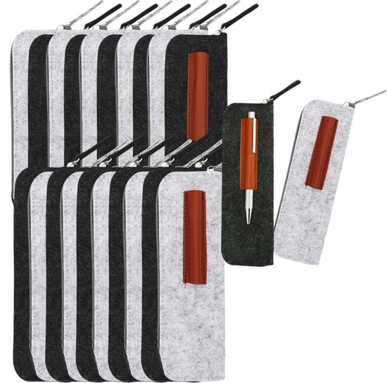 Foto: Green goose vilt etui 20 stuks 21x8 cm donker en licht grijs met externe vegan leren penhouder duurzaam vilt materiaal