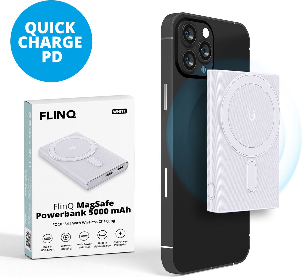 FlinQ Draadloze Powerbank Geschikt voor Magsafe powerbank - Powerbank - powerbanks - Powerbanks voor noodpakket - Quick Charge Snellader - incl USB-C kabel - 5000 mAh