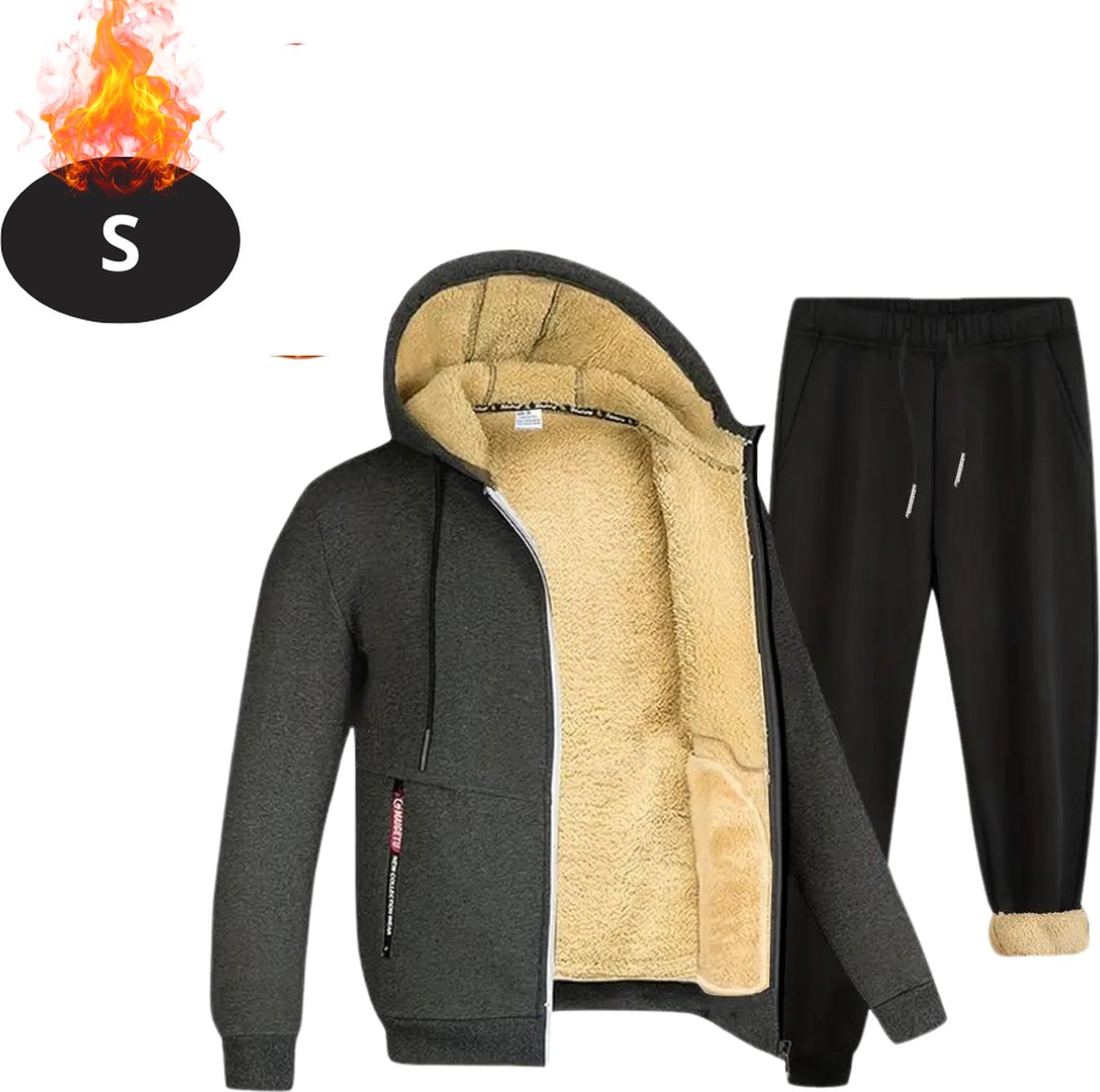 Bovista Thermokleding Heren – Thermobroek – Thermoset Fleece – Met Capuchon – Thermolegging – Winter – Thermojack – Donkergrijs – S