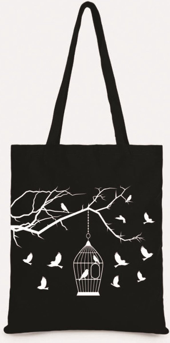 Kwube Dames Tassen - Shopper - Zwart Katoen - Linnen Tas - Vogelkooi Design - 35x40 cm - Cadeau Voor Haar - Katoenen Schoudertas - Zwarte Boodschappentas - Birdcage Black Cotton Tote Bag