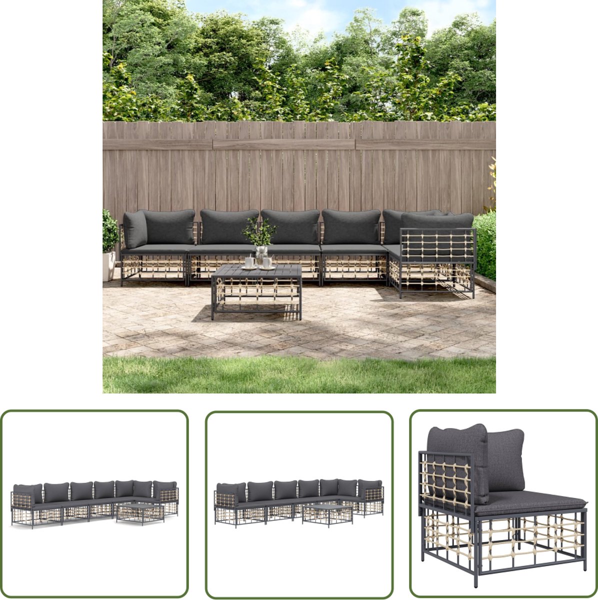 The Living Store Loungeset - poly rattan - antraciet - hoekbank 72x72x66cm - modulair Loungeset - Tuinset - Lounge Bank - Buiszitter - Outdoor Furniture - Patio Set - Relaxstoel - Balkon Meubel