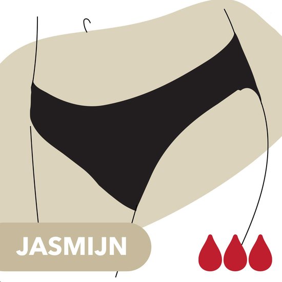Illustration de la culotte modèle Jasmijn avec des gouttes rouges indiquant l'absorption.