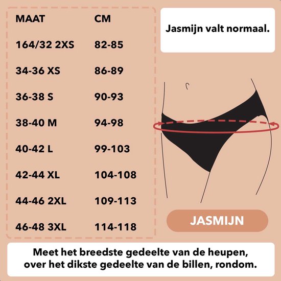 Tableau des tailles pour la culotte menstruelle "Jasmijn" avec une illustration de la mesure du tour de hanches.