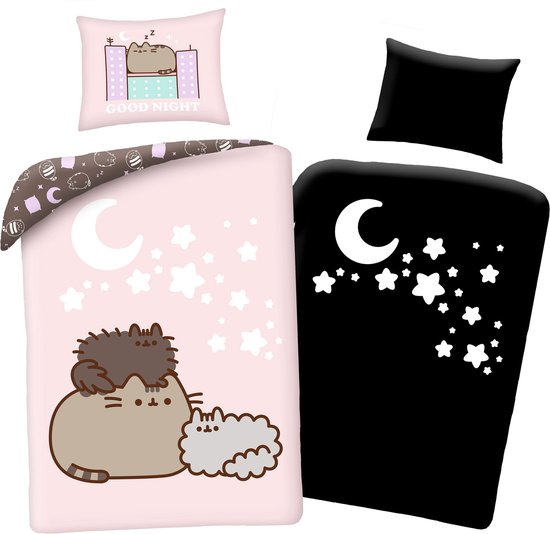Parure De Lit PUSHEEN HIGH SCORE - Housse 140x200 Cm + Taie 70x90 Cm - Microfibre Rose - Réversible