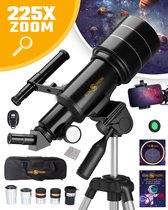 Zwarte telescoop met statief, telefoonhouder, afstandsbediening, draagtas en accessoires, met "225X ZOOM" tekst.