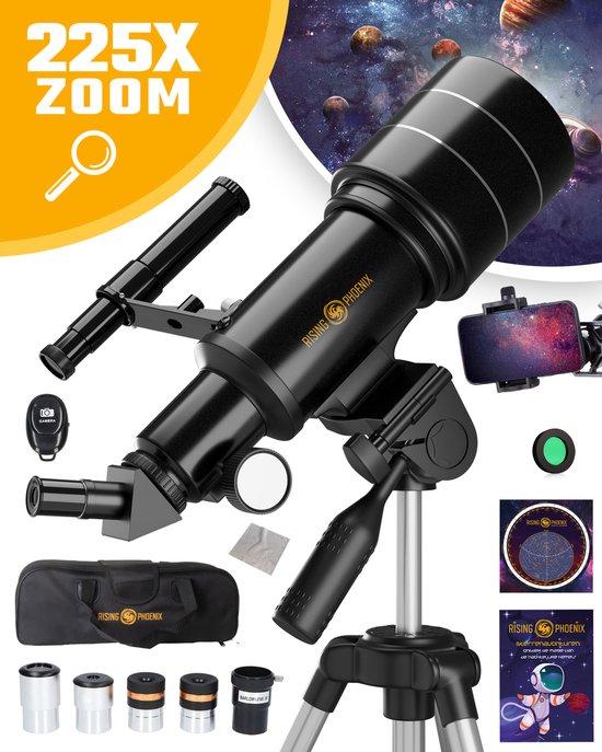 RP® Telescoop 225x Zoom incl 4 lenzen Maafilter en planisfeer - Sterrenkijker Kinderen / Volwassenen - Verstelbaar Statief - Afstandsbediening, Leerboek en Smartphone Adapter - Zwart