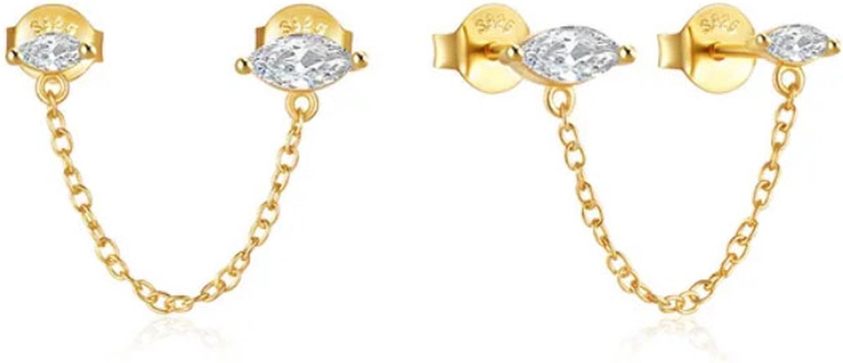 Elegante Elenza Goudkeurige Oorbellen met Ketting en Zirkonia – Luxe Dames Sieraad