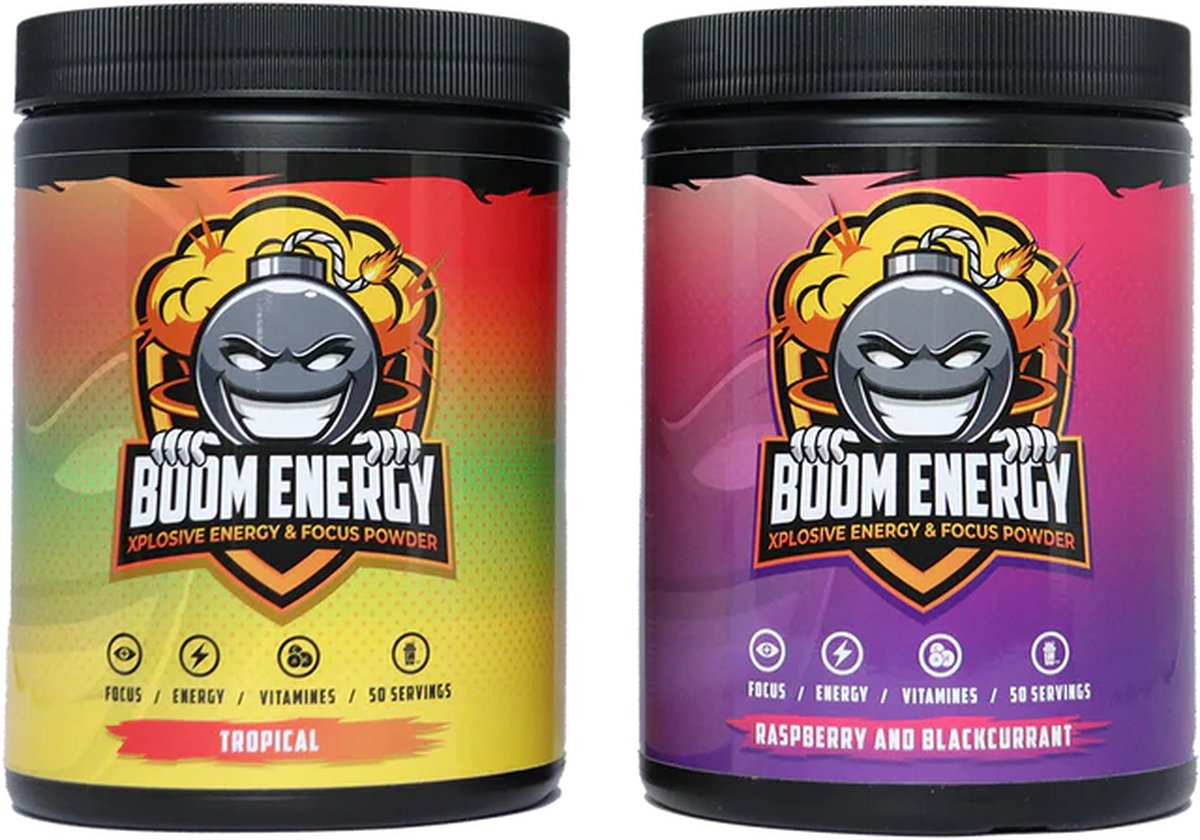 Goedkoopste Boom Energy duo pakket - Tropical en Framboos & Zwarte bes - Gaming fuel - Suiker Vrij - Gaming Drink - Pre workout - Energy Drink - Sportdrank - 100 servings