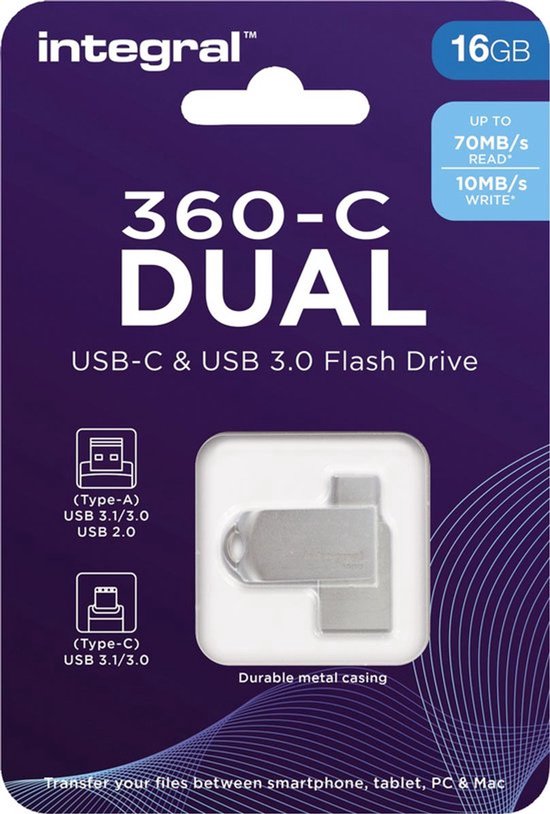Integral 16GB 360-C Dual USB-C & USB 3.0 lecteur USB flash 16 Go USB Type-A / USB Type-C 3.2 Gen 1 (3.1 Gen 1) Argent