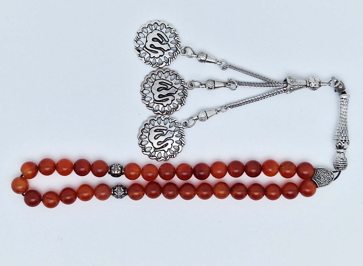 Handgemaakte tesbih klassiek - "Tasbih" natuursteen " Rood Agaat" - Aantal kralen 33 - Diameter kralen 8 MM - met metaal tassel "Allah" - Een mooi cadeau-idee