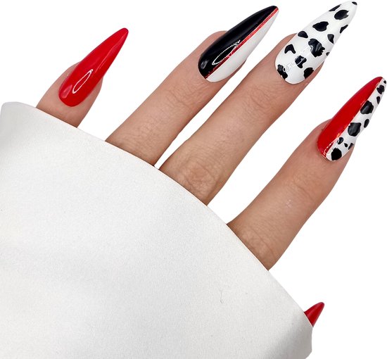 SD Appuyez sur les ongles - No. 118 Cruel-Là - Ongles adhésifs avec colle à ongles - XL Stiletto - Rouge Wit Zwart - Set de 20 Ongles Faits Main - Accessoires Cosplay - Nail Art Extreme
