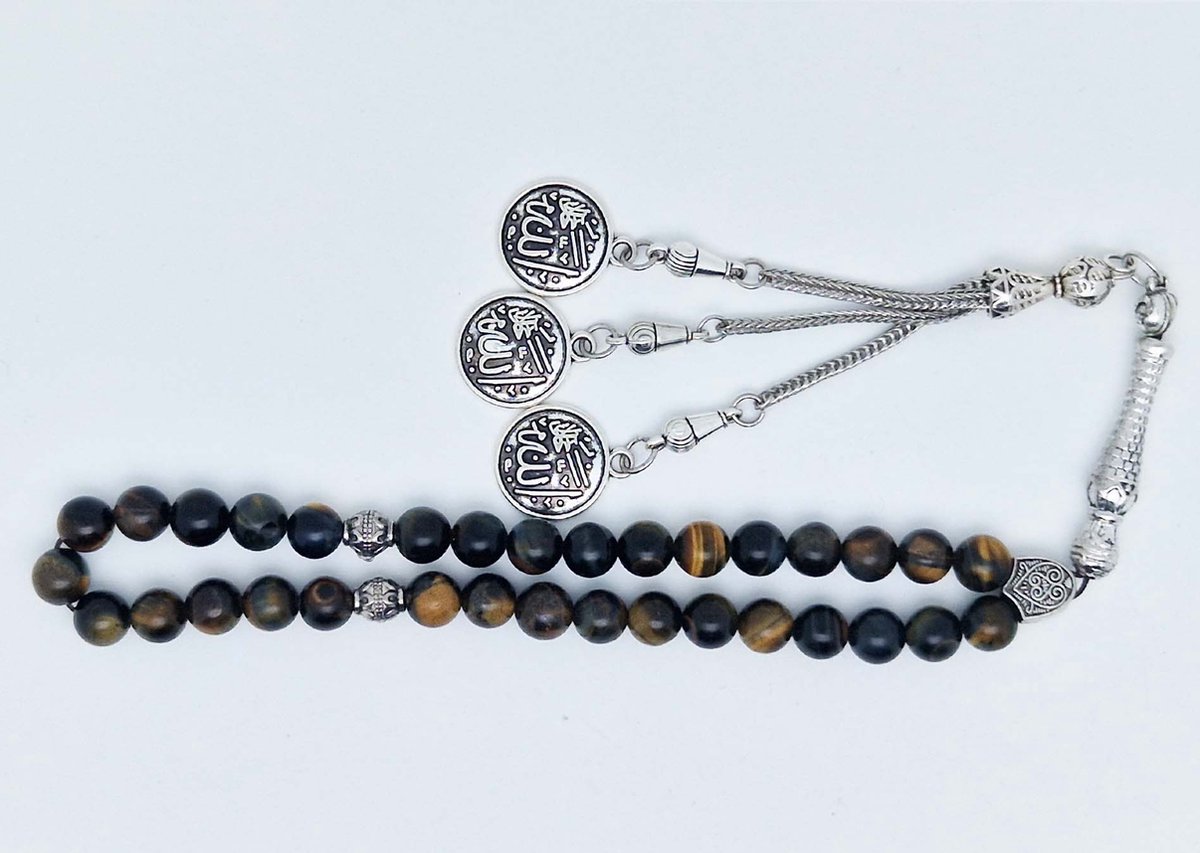 Handgemaakte tesbih klassiek - "Tasbih" natuursteen " Tijgeroog" - Aantal kralen 33 - Diameter kralen 8 MM - met metaal tassel "Allah jala jalaluh" - Een mooi cadeau-idee