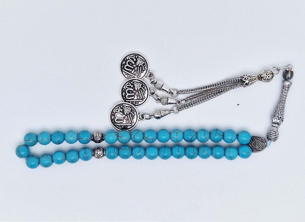 Handgemaakte tesbih klassiek - "Tasbih" natuursteen " Turkoois" - Aantal kralen 33 - Diameter kralen 8 MM - met metaal tassel "Allah jala jalaluh" - Een mooi cadeau-idee