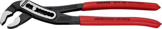 Gepolijste Knipex Alligator waterpomptang 250mm met rode handvatten.