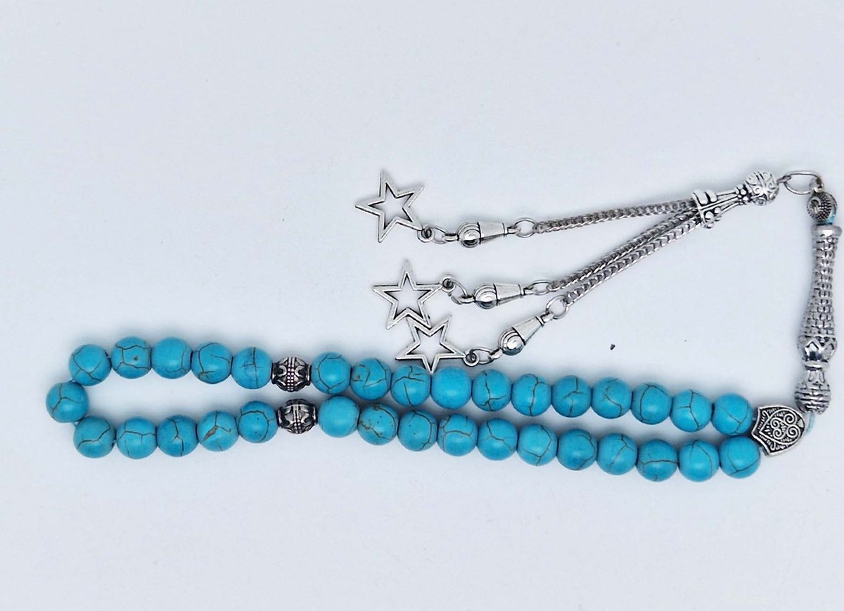 Handgemaakte tesbih klassiek - "Tasbih" natuursteen "Turkoois" - Aantal kralen 33 - Diameter kralen 8 MM - met metaal tassel "Sterren" - Een mooi cadeau-idee