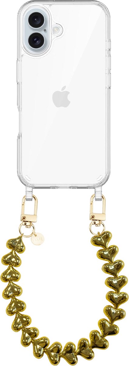 xoxo Wildhearts siliconen hoesje geschikt voor iPhone 16 hoesje - Funky Hearts - Telefoonhoesje - Hoesje met koord - Goud koord - kort telefoonkoord - Hartjes ketting - Transparant hoesje