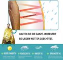 Man in gouden nooddeken. Grafiek toont reflectie van lichaamswarmte. Bescherming het hele jaar door: zonnig, regen, wind, sneeuw.