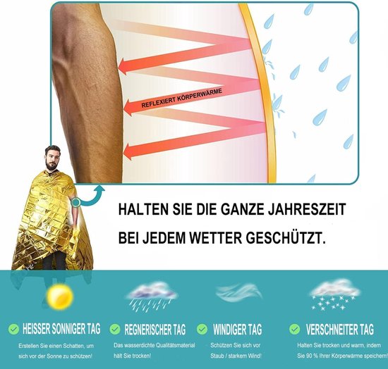 Man in gouden nooddeken. Grafiek toont reflectie van lichaamswarmte. Bescherming het hele jaar door: zonnig, regen, wind, sneeuw.