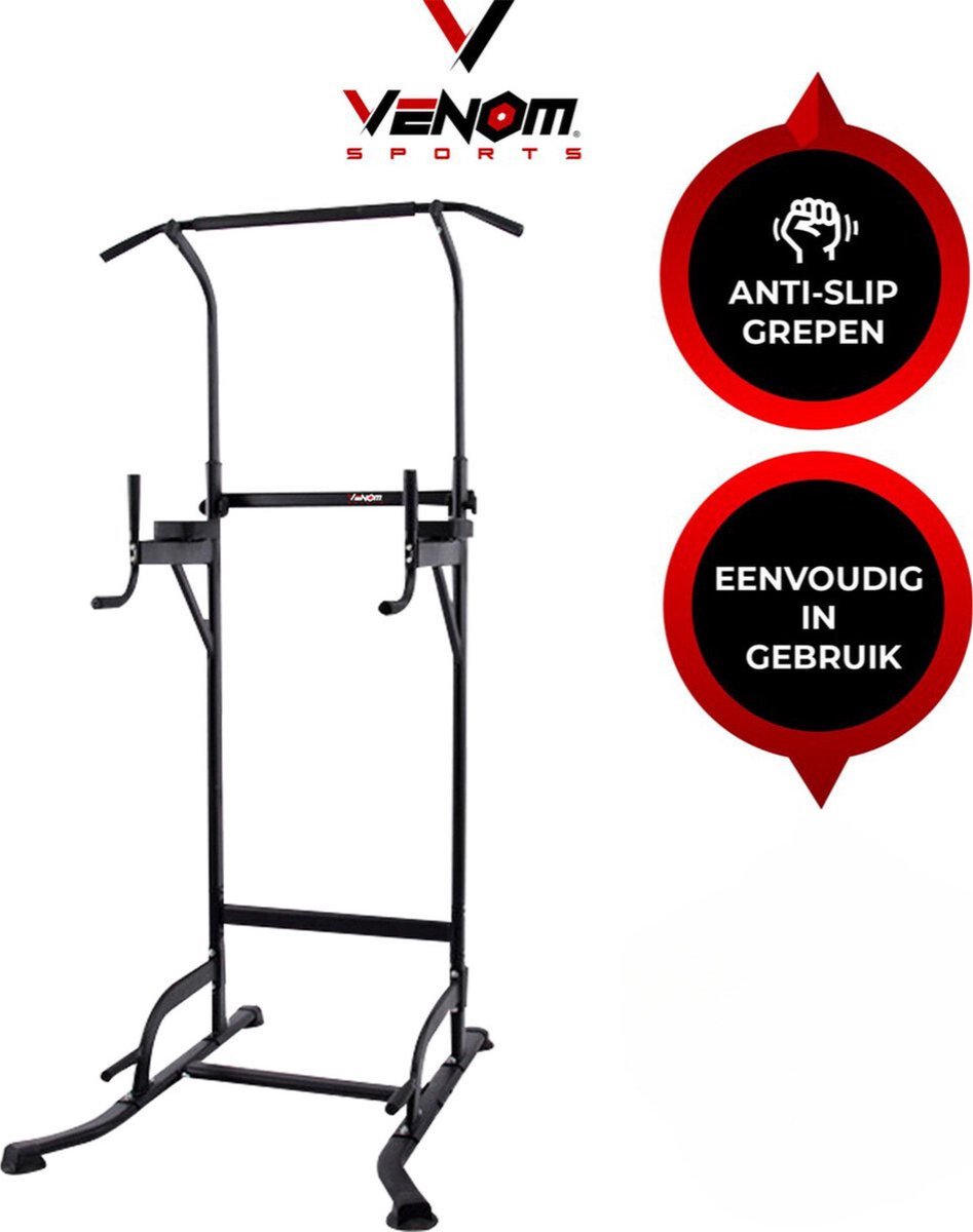 Venom Sports Krachtstation - Multifunctioneel trainingsrek - Power tower met Pull up bar – Fitness apparaat krachttraining – Anti-slip handvaten – Super stabiel – In hoogte verstelbaar – Zwart - 105x86x223cm