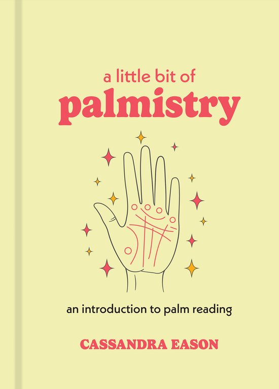 Boekomslag 'A Little Bit of Palmistry' met een gele achtergrond, de tekst 'a little bit of palmistry' en een tekening van een hand met palmleeslijnen.