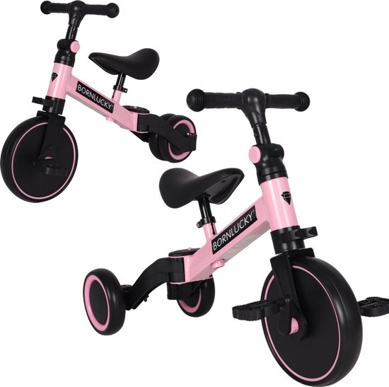 Roze driewieler/loopfiets met zwarte details en het logo 'BORNLUCKY'.