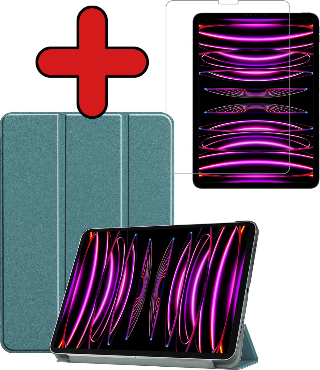 Hoesje - Geschikt voor Apple iPad Pro (2022) - 11 inch - 4e generatie - Met Screenprotector - Hardcover Book Case - Trifold Bookcase Hoes - Hard Cover - Tablethoes - Donkergroen