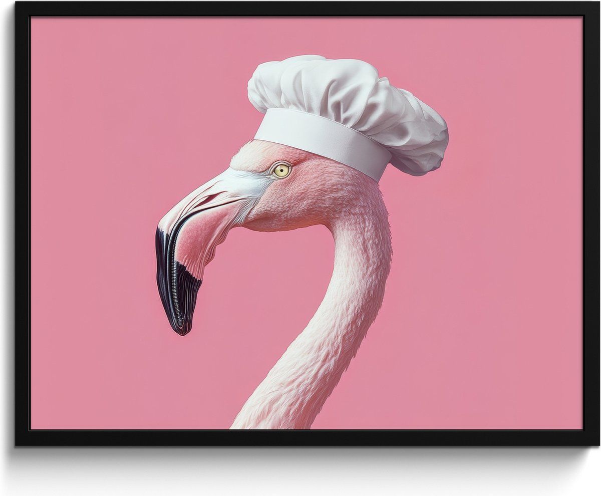 FrameYourWall Fotolijst inclusief poster - Posterlijst 80x60 cm - Posters - Flamingo - Roze - Koksmuts - Vogel - Foto in lijst - Keuken decoratie muur - Wanddecoratie accessoires - Muurdecoratie - Schilderijen Koksmuts - Flamingo