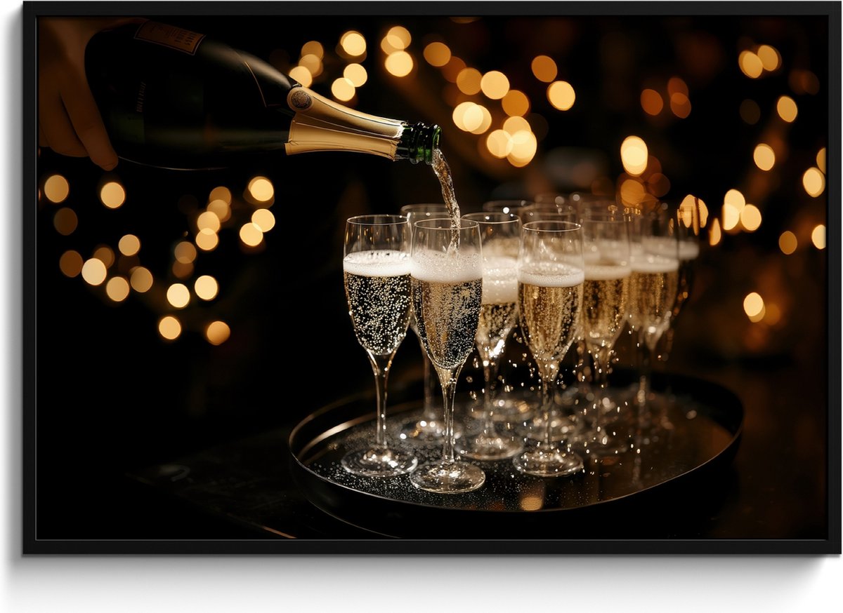 FrameYourWall Fotolijst inclusief poster - Posterlijst 120x80 cm - Posters - Lichtjes - Champagne - Dienblad - Glazen - Foto in lijst - Keuken decoratie muur - Wanddecoratie accessoires - Muurdecoratie - Schilderijen Champagne - Glazen