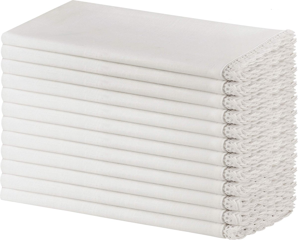 La'Moussawi ® Chique Witte Diner Servetten met Gehaakte Kant Details - Set van 12 Stuks