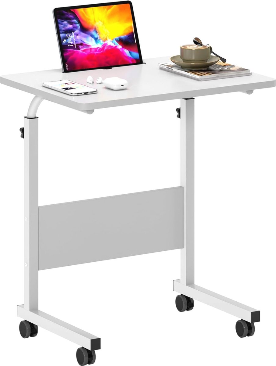 Verstelbare Laptoptafel - Klein Bureau op Wieltjes - U-vormige Bijzettafel 60 x 40 cm - Hoogte Verstelbare Werktafel