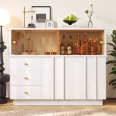 Sweiko Dressoir met glazen deuren, opbergkast met drie laden, buffet, wit, 120 x 33 x 95 cm