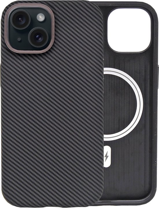 IYUPP Hoesje geschikt voor iPhone 15 Hoesje Carbon - Geschikt voor MagSafe - Carbon Textuur - Shockproof Back Cover - Zwart