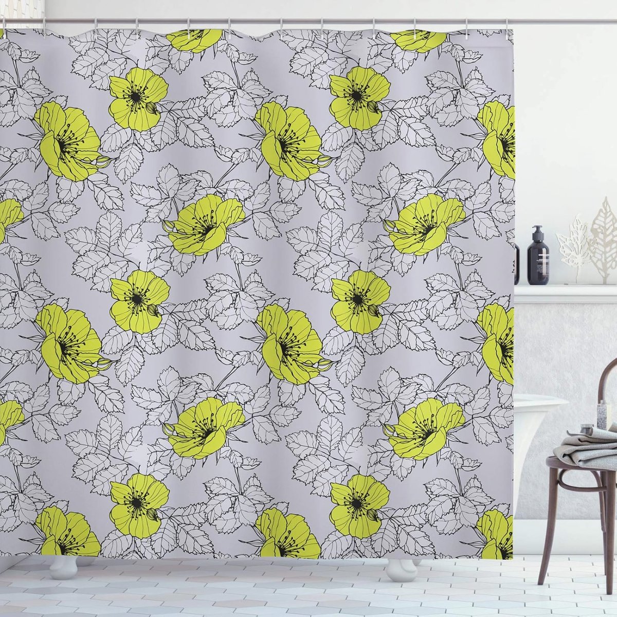 Douchegordijn met Klaprozen en Grijstinten, 175 x 180 cm – Modern Badkamerdecor