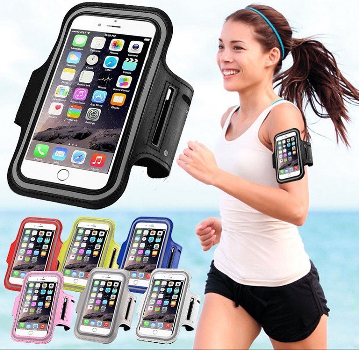 Universele sportarmband (sport armhoesje) voor mobiele telefoon met rits sluiting en oortelefoongat Geschikt voor alle smartphones zoals iPhone, Samsung, Sony, Oneplus, Xiaomi t/m 6,7 inch met hoge kwaliteit met groene randen