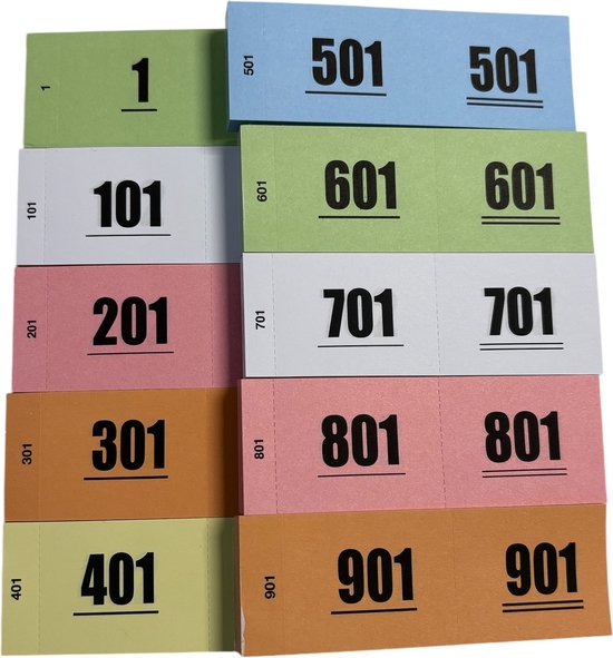 1000 Garderobenummers - gemixte kleuren - Nummerblok - lootjes - 10 blokjes