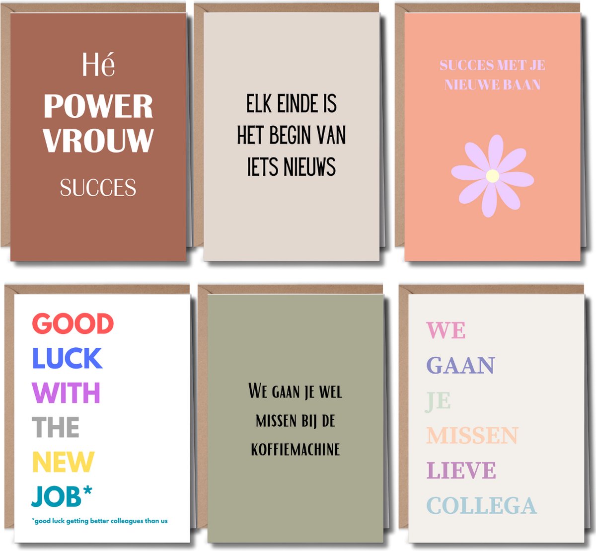 Luxe Wenskaarten Set Afscheid Collega - 6 Kaarten met Enveloppen - Bedankt Kaartjes - Succes - Afscheid - A6 - Blanco - Vertrek Kantoor