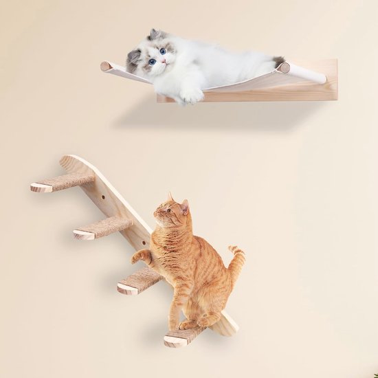 QLS Kattenklimwandset, XXL, hangbrug, kattenbed, kattenrek voor wandmontage, van hout en staal, loft, industriële stijl
