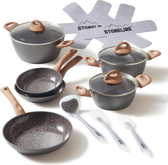 KASANOVA Pannenset voor traditionele kookplaten, set van antiaanbakpannen, pannenset, gezonde, snelle en gelijkmatige kookresultaten. Made in Italy. (8 delen
