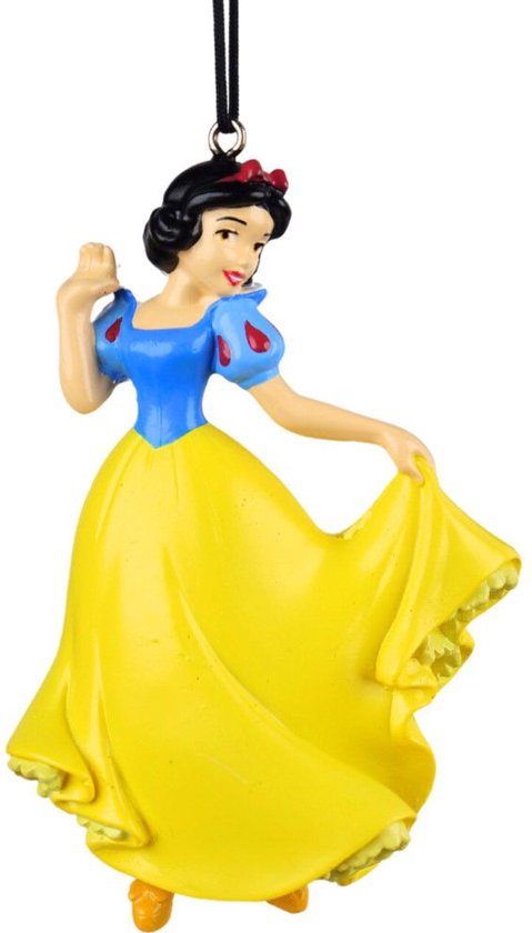 Ornement Blanche-Neige avec une robe jaune, manches bleues et un nœud rouge.