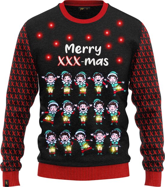 JAP Christmas Kersttrui met lichtjes (maat L) - 100% Gerecycled - Kriebelt niet - Kerstcadeau volwassenen - Foute Kersttrui dames en heren - Merry XXX-mas - Blauw