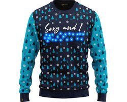 JAP Christmas Kersttrui met lichtjes (maat XS) - 100% Gerecycled - Kriebelt niet - Kerstcadeau volwassenen - Foute Kersttrui dames en heren - Sexy and I GLOW IT - Blauw