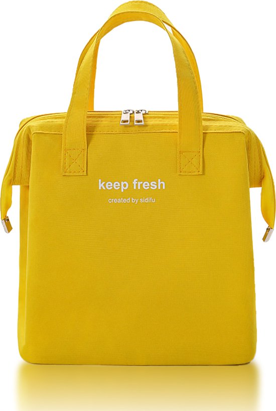 Sac à lunch jaune avec fermeture éclair et poignées, portant l'inscription 'keep fresh created by sidifu'.