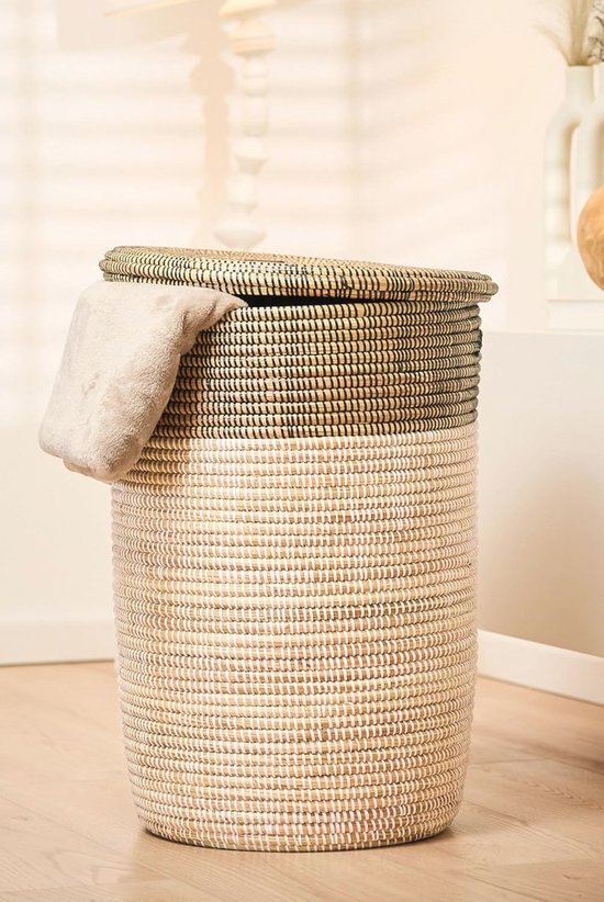 YAADU XXL Wasmand met deksel 110L - Geweven wasmand, Afrikaanse mand, Wasverzamelaar met deksel, Grote opbergmand voor speelgoed & dekens, Mand met handvat, Model Djariou (Wit
