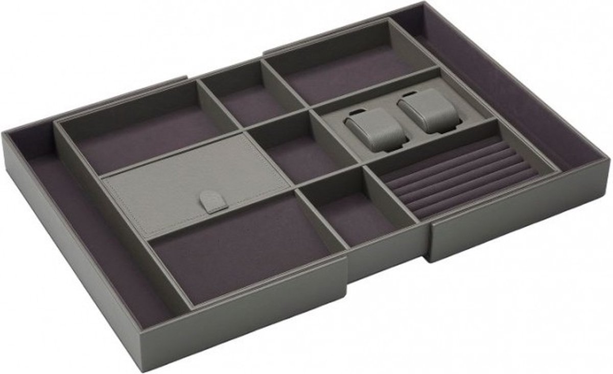 Milano Luxurious Lade-organizer – Lade - inzet D41 cm - Sieradenorganizer – Sieradenladen – Verstelbare Ladenverdeler - Leder - Velvet Binnenkant - Uitschuifbaar van 48.5 tot 92 cm - Grijs