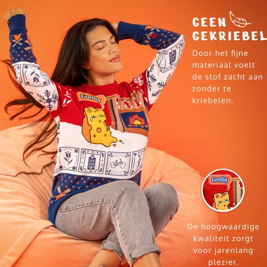 JAP Christmas Around the World Kersttrui voor kinderen (maat 134/140) - 100% Gerecycled - Kriebelt niet - Kerstcadeau - Foute Kersttrui jongens en meisjes (9/10 jaar) - Nederland - Rood/Wit/Blauw