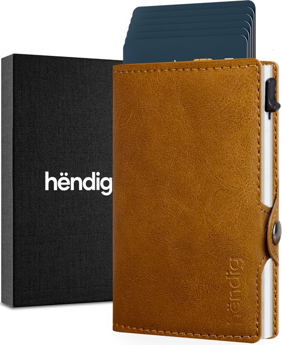 Hëndig Pasjeshouder Mannen - Bruin met rits - 11 pasjes + Brief- & Muntgeld RFID Creditcardhouder - Pasjeshouder Vrouwen - Pasjeshouder Uitschuifbaar - Inc. Luxe Cadeauverpakking